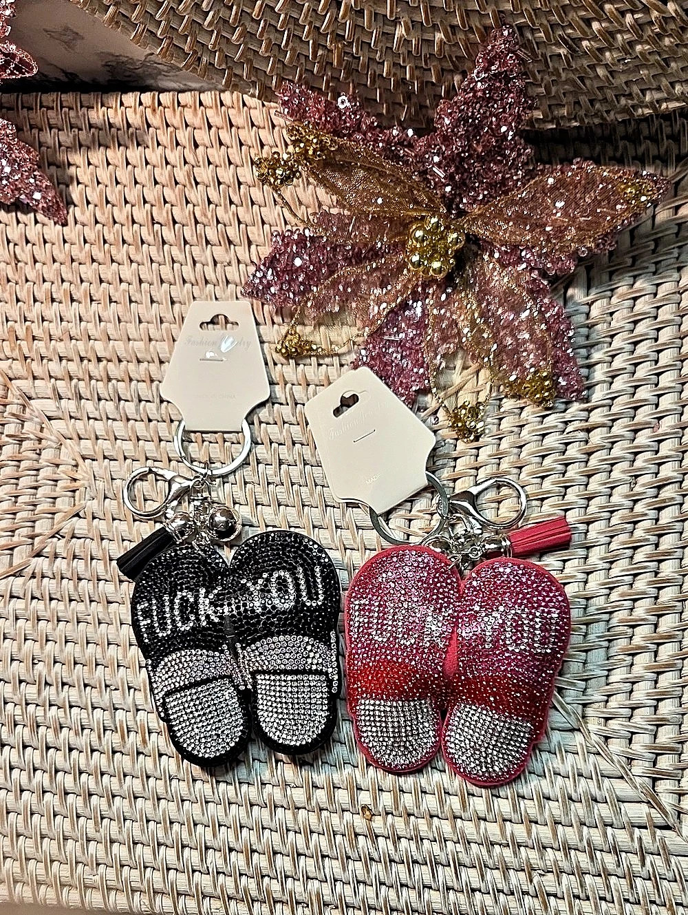 2 For 15 Beaded Keychain Charms in Pink & Black Like New